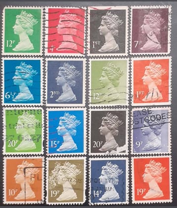 Extremely Rare Queen Elizabeth II, Machin Series Postage Lot of 16 Stamp UK 1969,,,,Collectible