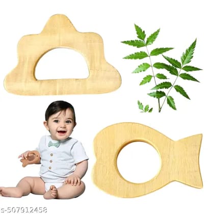 Natural Neem Wood Teether  Cloud & Fish Shape | Baby Safe & Eco-Friendly Tiny Size for you Tiny