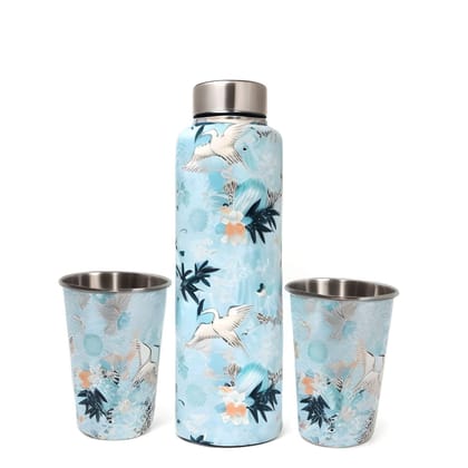 La'Forte Premium 1000 Ml Stainless Steel Bottle 02x250 Ml Drinking Glass (Blue Crane)