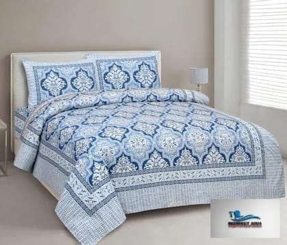 3001-Hometrade India-Standard King Size (90*108 Inches)-Pure Cotton Jaipuri Double Bedsheet With Matching Pillow Cover