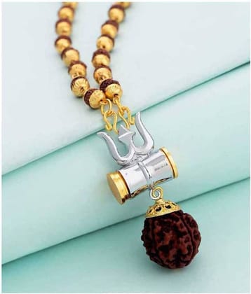 Green Spiritual Lord Shiva Trishula Damaru Locket With Puchmukhi Rudraksha Mala Duble Color Combination Brass Chain