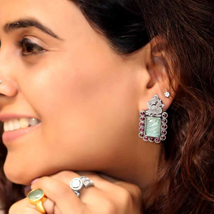 Lavanya Sterling Silver Studs for Mom - Green Fluorite and Ruby
