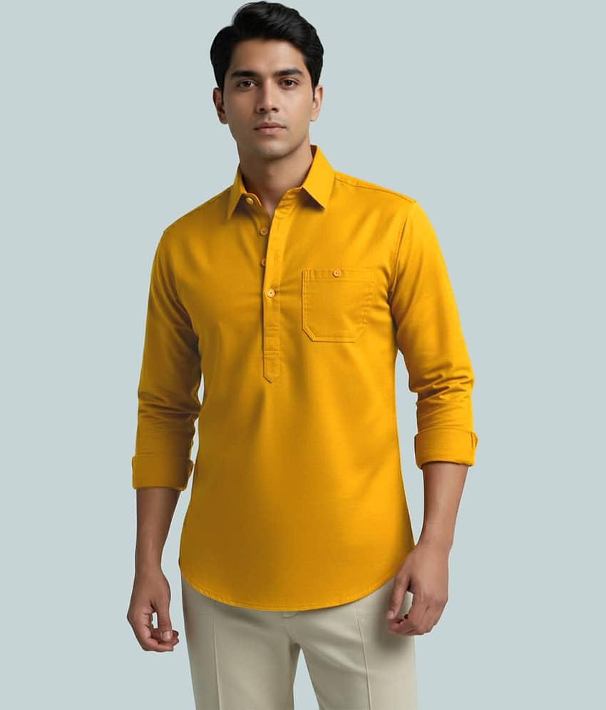 Yugnik Cotton Blend Plain Shirt Style Kurta For Men ( White )