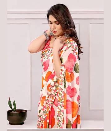 TTH Georgette Printed Saree With Unstitched Blouse Piece ( Cream )