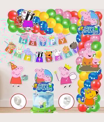 Zyozi  Peppa Pig Theme Balloon arc decoration,Pig Theme Birthday for Girls with Happy Birthday Banner Cardstock Cake Toppers Balloons Birthday Decoration Kit (Pack of 60)