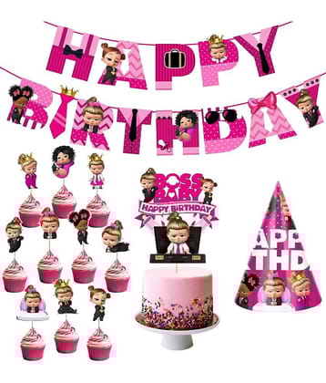 Zyozi Baby Girl's Boss Happy Birthday Theme Party Supplies for Girls Baby Birthday Decorations Favors with Banner,Cake Topper ,Birthday Cap and Cup Cake Toppers(Pack of 13)