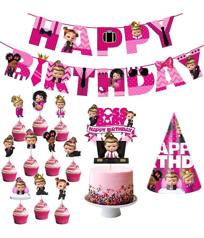 Zyozi Baby Girl's Boss Happy Birthday Theme Party Supplies for Girls Baby Birthday Decorations Favors with Banner,Cake Topper ,Birthday Cap and Cup Cake Toppers(Pack of 13)
