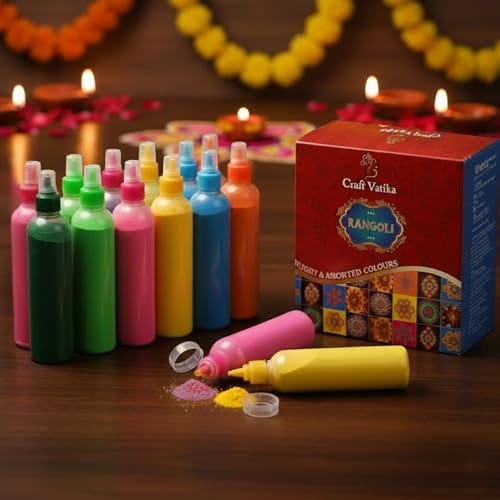 CraftVatika 12 Rangoli Kolam Colour Powder Tube Kit, Diwali Decoration Items Bottles Tool Floor Art Rang for Home