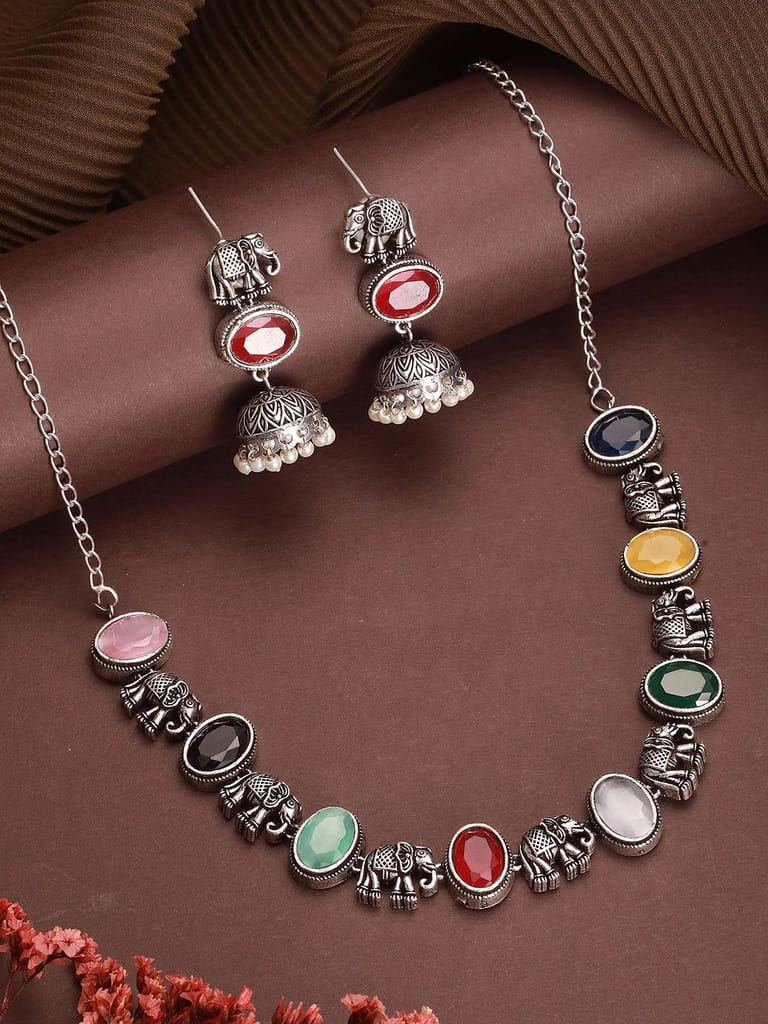 Oxidised Silver Toned Navratan Multicolored Elephant Motif Statement Choker Jewellery Set - Jewellery Sets | Buy online on ZillyBuy