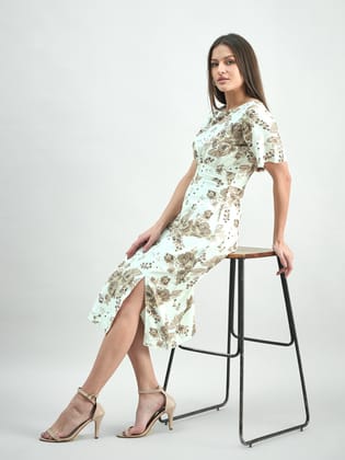 White & Beige Elegant Floral Print Round-Neck Midi Dress In Linen Blend-XS