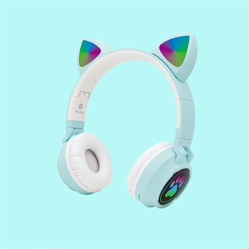Meow Kids Wireless Headset: Cute Cat Theme with RGB Lights, High-Quality Sound TF Card for kids-blue