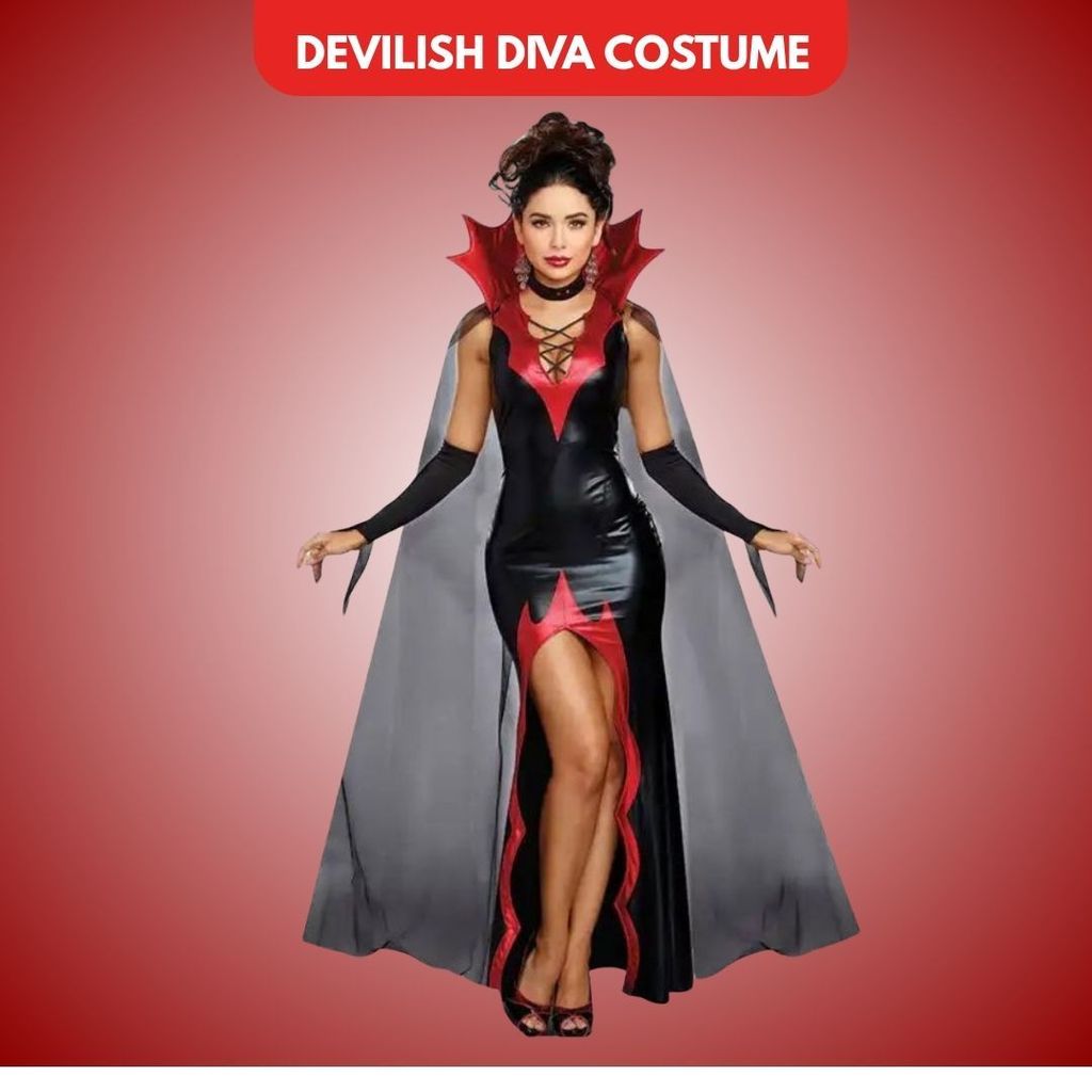 Devilish Diva Black & Red Stretchable Costume w/Cape, Gloves and Neck Choker - Party and Festive Needs | Buy online on ZillyBuy