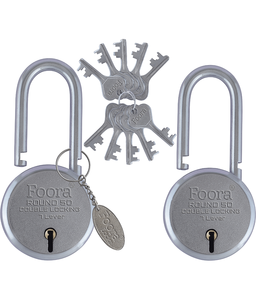 Foora Small Long Lock and Keys - Door Lock for Home, Round 50mm Long Neck Shackle Padlock with 5 Keys, Double Locking 8 Lever (50mm, Pack of 2)