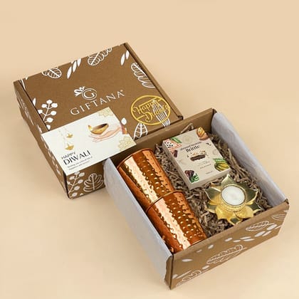 Gourmet Diwali Gift Box - Copper Glass Pair, Brownie & Lotus Candle