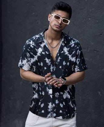 "Monochrome Chic: Black Printed Design on White Stylish Shirt by GlamaStitch"-S