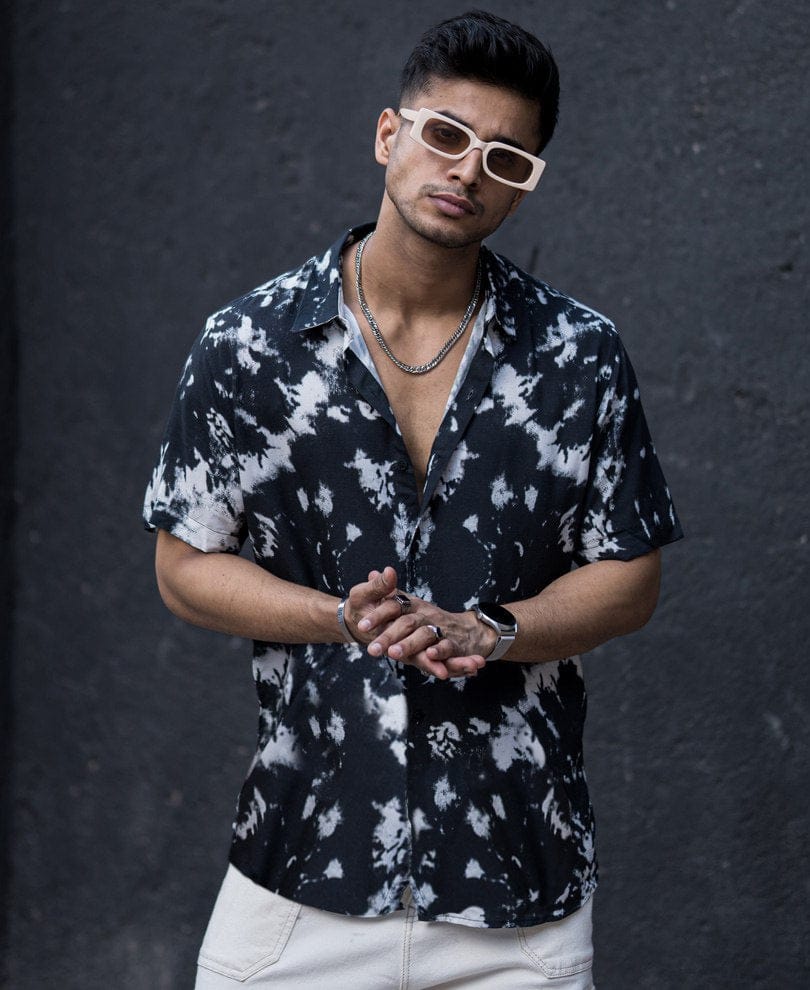 "Monochrome Chic: Black Printed Design on White Stylish Shirt by GlamaStitch"-S