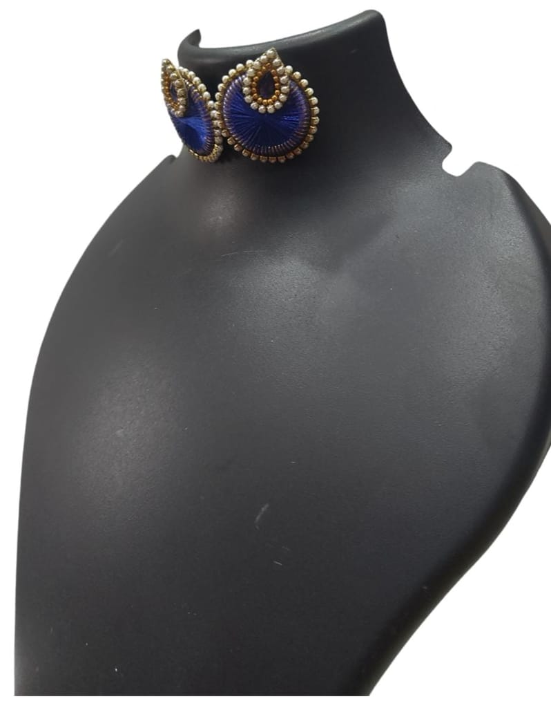 Blue Silk Thread Earrings with Pearl and Stone Detailing