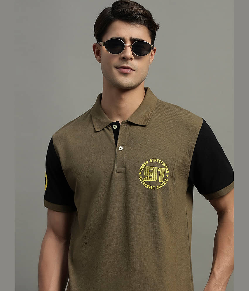 GET GOLF Men Cotton Blend Regular Fit Colorblock Polo T Shirt ( Olive )