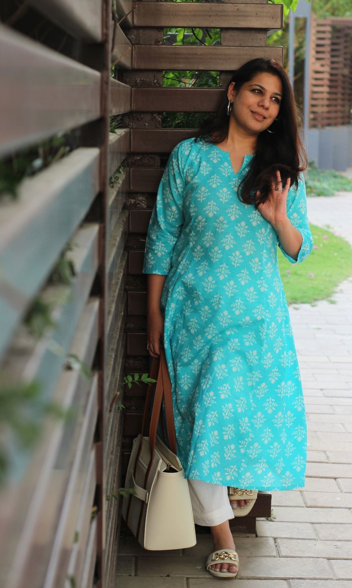 Cotton Sky Blue Block Print Kali Kurta-XXS