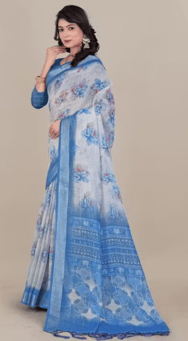 Fancy linen cotton digital printed saree with blouse