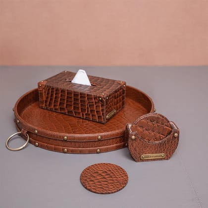 Eden Round Tray Set with Tissue Box & Coasters Tan-Tan
