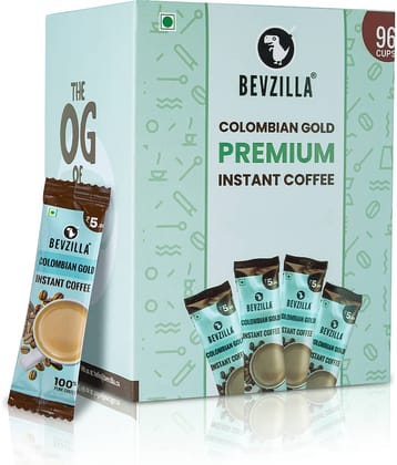 Bevzilla 96 Instant Coffee Powder Sachets (Colombian Gold) - 192 Grams| Hot & Cold Coffee| Makes 96 Cups| 100 % Arabica