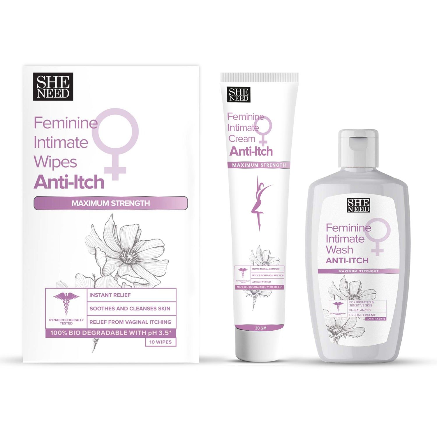 SHENEED Feminine Intimate Anti-itch combo : Sheneed Anti-itch intimate wipes 10N, Sheneed Anti-itch maximum strength cream 30gm|SHENEED Anti-itch wash 100 ML Itching relief |pH Balance|Natural & 