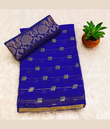 Parmila Fashion Chiffon Embellished Saree With Unstitched Blouse Piece ( Blue )
