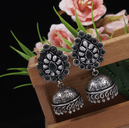 Antique Silver Plated Artwork Silver Beads Jhumki Earring- AER 3563