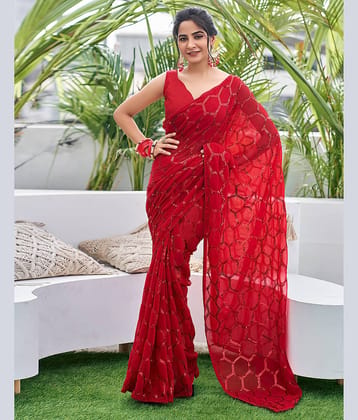 Samah Georgette Embellished Saree With Unstitched Blouse Piece ( Rama )