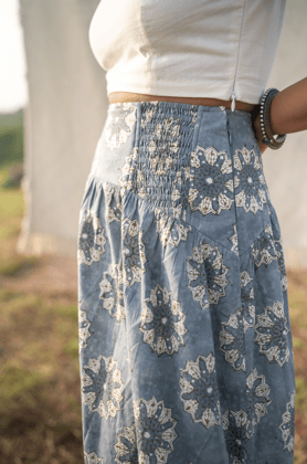 Hand Block Printed Midi Skirt - Endless Sky-XS