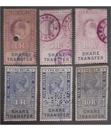Extremely Rare Old Vintage British India High Denomination King George VI & Edward VII Share Transfer Lot of 6 Stamps,,,,Collectible