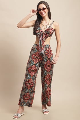 Brown Color Abstract Viscose Rayon Pyjama & Top  Beachwear For Woman-m