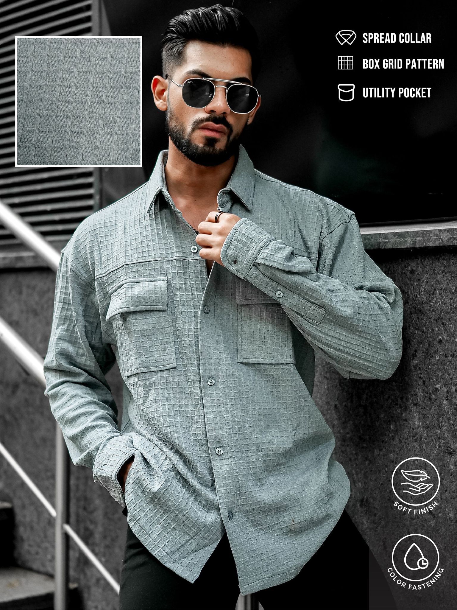 Box Grid Light Grey Full Sleeve Shirt-S / Light Grey