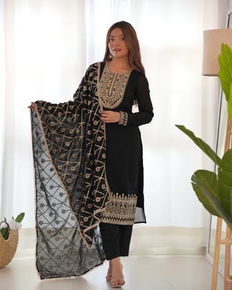 Black Embroidered Straight-fit Pure Blooming Vichitra Silk Kurta With Dupatta Set & Trousers-xs