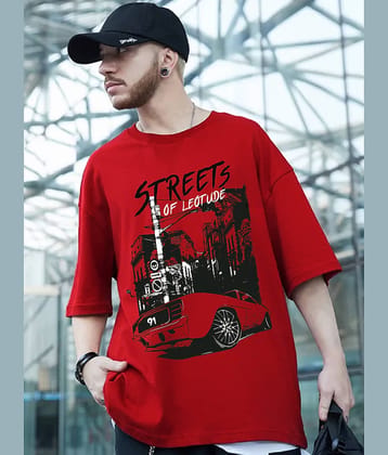 Leotude Men Cotton Blend Oversized Fit Printed T-Shirt ( Red )