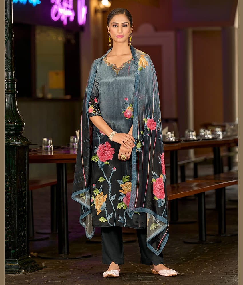 MOJILAA Women Chiffon Printed Straight Kurti With Pants ( Grey )