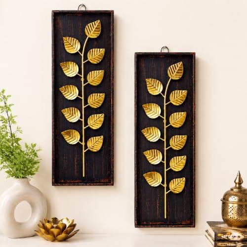 Wall Hanging Set of 2 | Iron Decorative Wall Mounted Art with Black Box Frame | Handcrafted Leaf Sculpture for