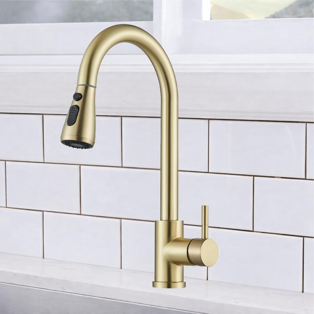 Stainless Steel Kitchen Faucet with Pull Down Sprayer,High Single Handle Brushed Nickel Kitchen Sink Faucet, Spring Spout Pull Out Bar Tap,360 Swivel Commercial Modern Kitchen Sink tap Gold