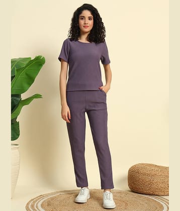 Leewan Women Self Design T-Shirt With Trousers Co-Ord Set ( Lavender )