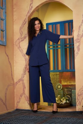 Navy shirt palazzo set with embroidered motif on collar-M