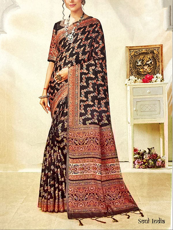 Pashmina Print Silk Saree - Dark Brown