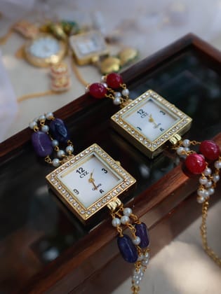 Viola Red & Blue Wrist Watch Set-Gold