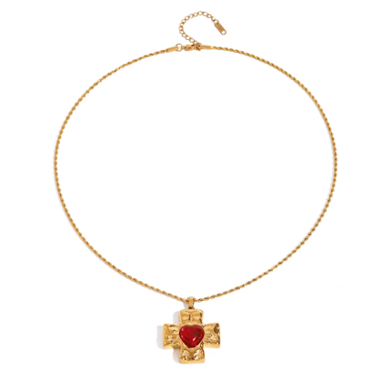 Cross Red Heart Necklace-Red