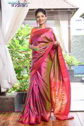 Traditional Authentic Pure Silk Handloom Pink Dual Tone Double Pallu Paithani Weave