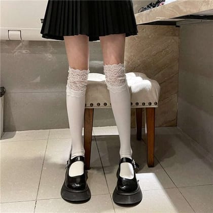 Lace White Knee High Socks-Black