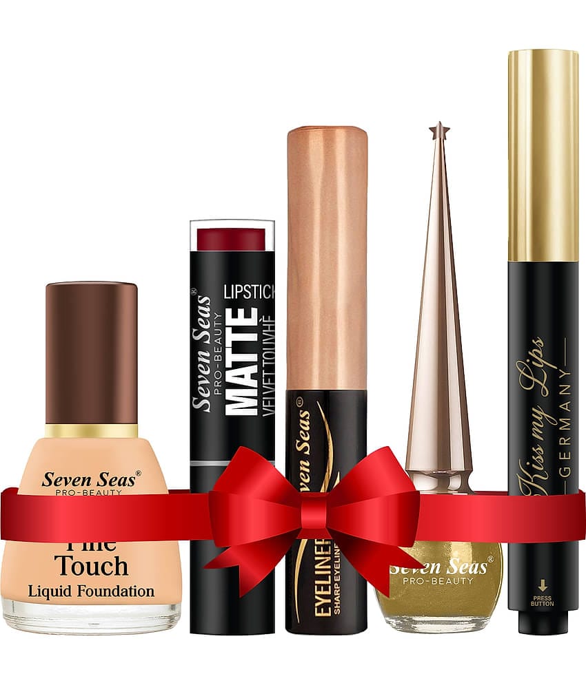 Seven Seas Combo With Liquid Foundation+Matte Lipstick+Eyeliner+Golden Eyeliner+Lip Balm Pack of 05