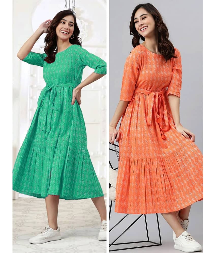 ASHISH PRINT Cotton Printed Midi Women's Fit & Flare Dress - Yellow ( Pack of 2 )