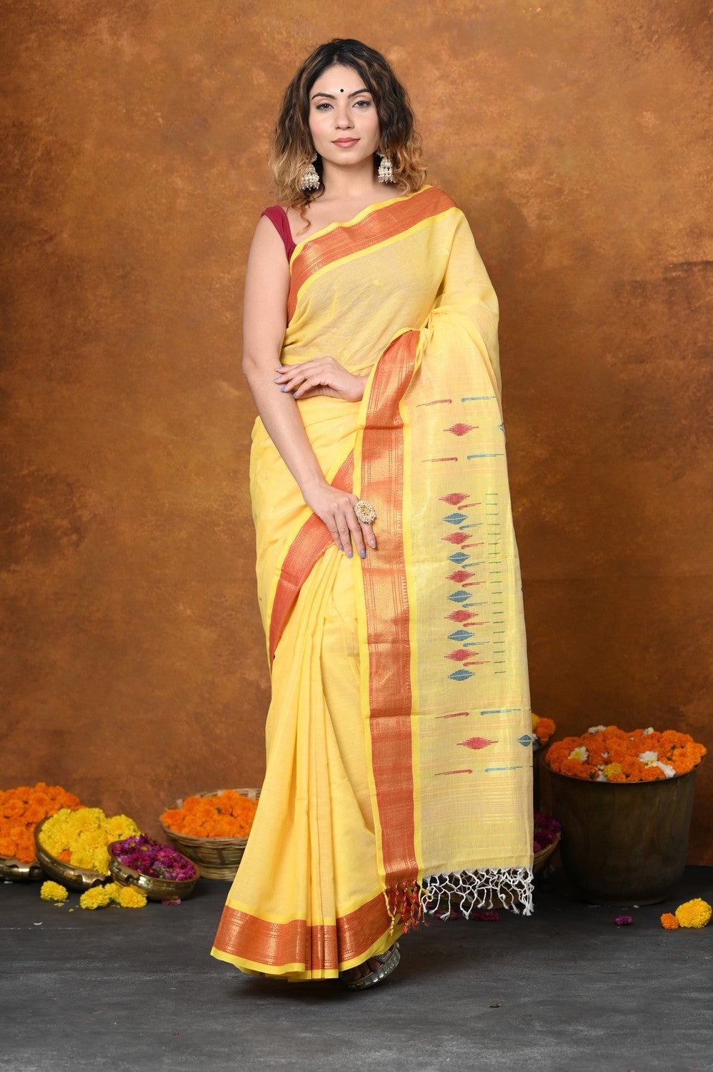 Jijamata Border Pure Cotton Paithani Saree With Traditional Double Pallu ~ Sunset Yellow
