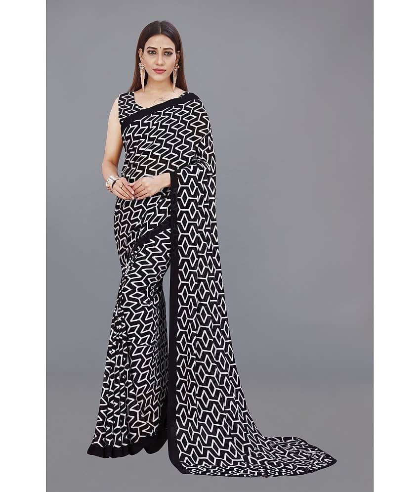 ANAND SAREES Georgette Printed Saree With Unstitched Blouse Piece ( Black )